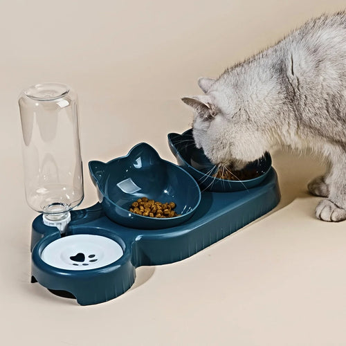 3-in-1 Elevated Cat Bowl Set with Water Feeder and Tilted Design